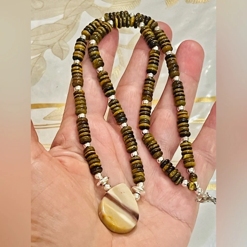 Vtg Southwest Hematite Pearl Bench Beads Tiger Eyes   Pendant Necklace 21”